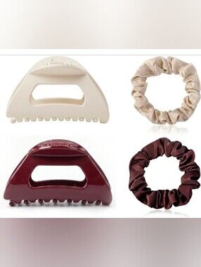 🦄 Silky Scrunchie & Neutral Hair Claw Set - Beige and Burgundy